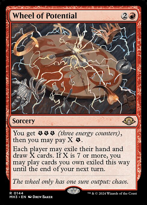 You get {E}{E}{E} (three energy counters), then you may pay X {E}.
Each player may exile their hand and draw X cards. If X is 7 or more, you may play cards you own exiled this way until the end of your next turn.