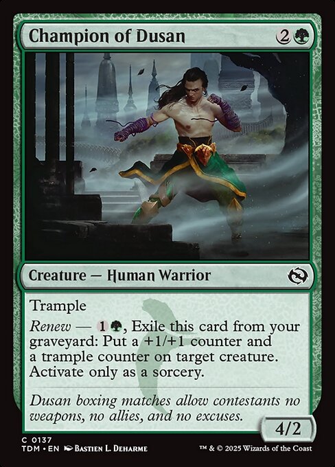 Trample
Renew — {1}{G}, Exile this card from your graveyard: Put a +1/+1 counter and a trample counter on target creature. Activate only as a sorcery.