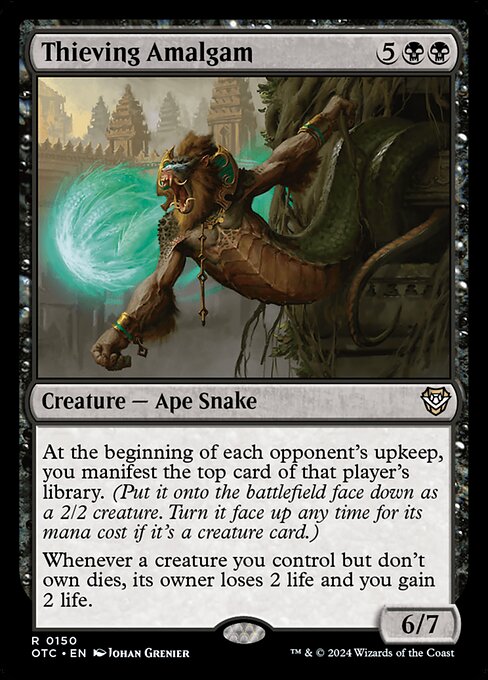 At the beginning of each opponent's upkeep, you manifest the top card of that player's library. (Put it onto the battlefield face down as a 2/2 creature. Turn it face up any time for its mana cost if it's a creature card.)
Whenever a creature you control but don't own dies, its owner loses 2 life and you gain 2 life.
