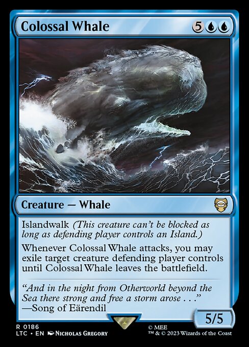 Islandwalk (This creature can't be blocked as long as defending player controls an Island.)
Whenever Colossal Whale attacks, you may exile target creature defending player controls until Colossal Whale leaves the battlefield. (That creature returns under its owner's control.)
