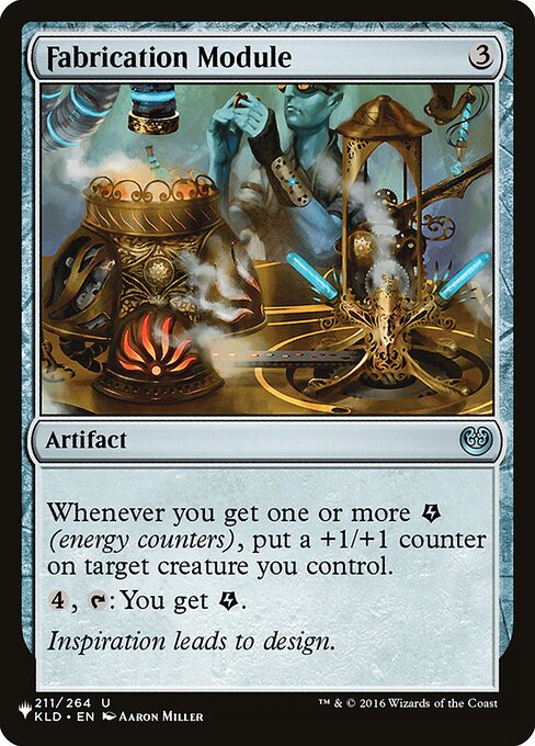 Whenever you get one or more {E} (energy counters), put a +1/+1 counter on target creature you control.
{4}, {T}: You get {E}.