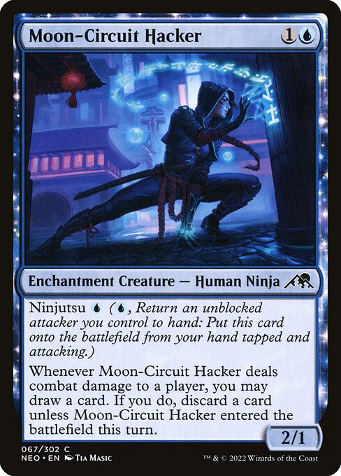 Ninjutsu {U} ({U}, Return an unblocked attacker you control to hand: Put this card onto the battlefield from your hand tapped and attacking.)
Whenever Moon-Circuit Hacker deals combat damage to a player, you may draw a card. If you do, discard a card unless Moon-Circuit Hacker entered the battlefield this turn.
