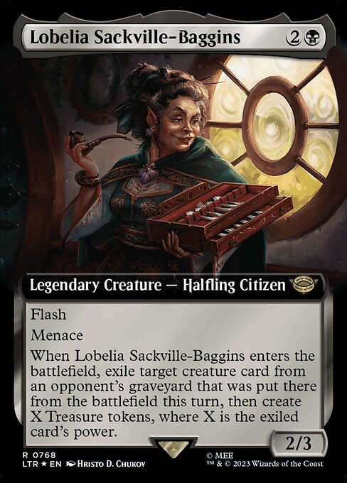 Flash
Menace
When Lobelia Sackville-Baggins enters the battlefield, exile target creature card from an opponent's graveyard that was put there from the battlefield this turn, then create X Treasure tokens, where X is the exiled card's power.