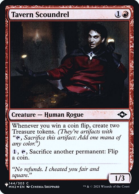 Whenever you win a coin flip, create two Treasure tokens. (They're artifacts with "{T}, Sacrifice this artifact: Add one mana of any color.")
{1}, {T}, Sacrifice another permanent: Flip a coin.