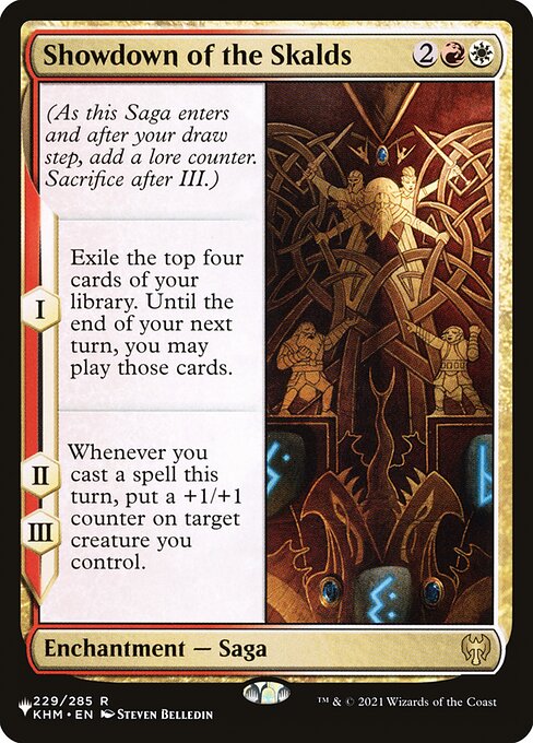 (As this Saga enters and after your draw step, add a lore counter. Sacrifice after III.)
I — Exile the top four cards of your library. Until the end of your next turn, you may play those cards.
II, III — Whenever you cast a spell this turn, put a +1/+1 counter on target creature you control.