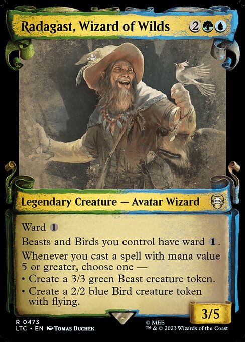 Ward {1}
Beasts and Birds you control have ward {1}.
Whenever you cast a spell with mana value 5 or greater, choose one —
• Create a 3/3 green Beast creature token.
• Create a 2/2 blue Bird creature token with flying.