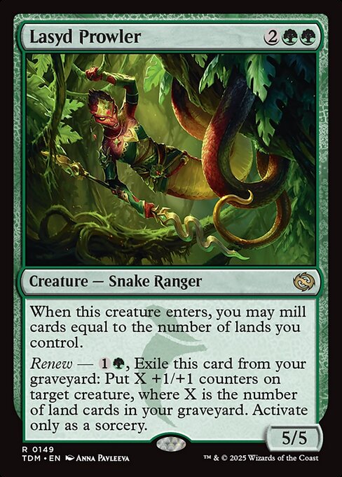 When this creature enters, you may mill cards equal to the number of lands you control.
Renew — {1}{G}, Exile this card from your graveyard: Put X +1/+1 counters on target creature, where X is the number of land cards in your graveyard. Activate only as a sorcery.