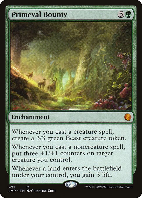 Whenever you cast a creature spell, create a 3/3 green Beast creature token.
Whenever you cast a noncreature spell, put three +1/+1 counters on target creature you control.
Landfall — Whenever a land enters the battlefield under your control, you gain 3 life.