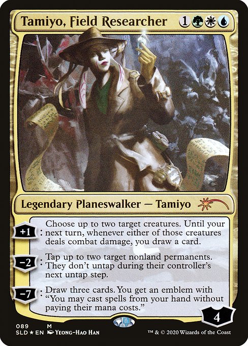 +1: Choose up to two target creatures. Until your next turn, whenever either of those creatures deals combat damage, you draw a card.
−2: Tap up to two target nonland permanents. They don't untap during their controller's next untap step.
−7: Draw three cards. You get an emblem with "You may cast spells from your hand without paying their mana costs."