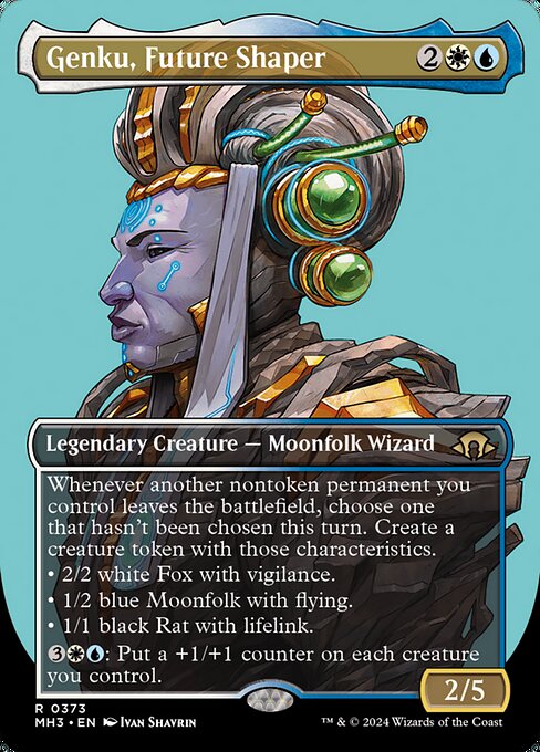 Whenever another nontoken permanent you control leaves the battlefield, choose one that hasn't been chosen this turn. Create a creature token with those characteristics.
• 2/2 white Fox with vigilance.
• 1/2 blue Moonfolk with flying.
• 1/1 black Rat with lifelink.
{3}{W}{U}: Put a +1/+1 counter on each creature you control.