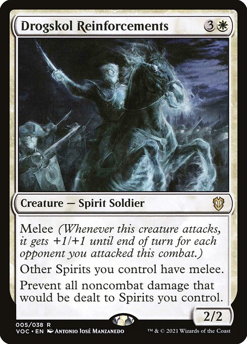 Melee (Whenever this creature attacks, it gets +1/+1 until end of turn for each opponent you attacked this combat.)
Other Spirits you control have melee.
Prevent all noncombat damage that would be dealt to Spirits you control.
