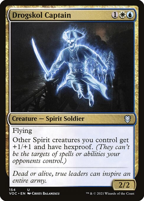 Flying
Other Spirit creatures you control get +1/+1 and have hexproof. (They can't be the targets of spells or abilities your opponents control.)