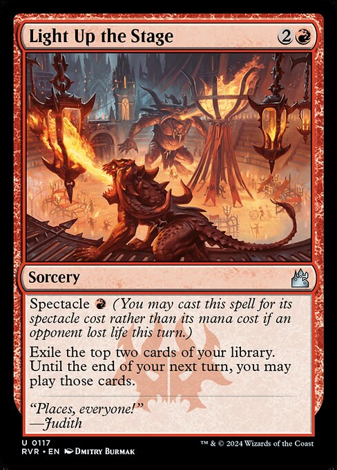 Spectacle {R} (You may cast this spell for its spectacle cost rather than its mana cost if an opponent lost life this turn.)
Exile the top two cards of your library. Until the end of your next turn, you may play those cards.