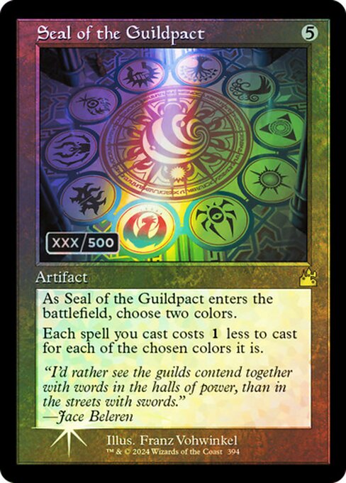 As Seal of the Guildpact enters, choose two colors.
Each spell you cast costs {1} less to cast for each of the chosen colors it is.