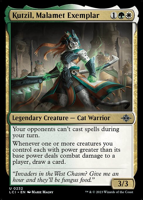 Your opponents can't cast spells during your turn.
Whenever one or more creatures you control each with power greater than its base power deals combat damage to a player, draw a card.