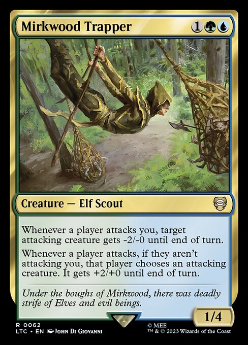 Whenever a player attacks you, target attacking creature gets -2/-0 until end of turn.
Whenever a player attacks, if they aren't attacking you, that player chooses an attacking creature. It gets +2/+0 until end of turn.