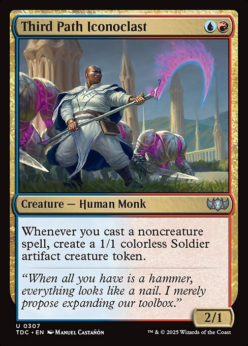 Whenever you cast a noncreature spell, create a 1/1 colorless Soldier artifact creature token.