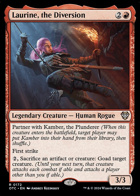 Partner with Kamber, the Plunderer (When this creature enters the battlefield, target player may put Kamber into their hand from their library, then shuffle.)
First strike
{2}, Sacrifice an artifact or creature: Goad target creature. (Until your next turn, that creature attacks each combat if able and attacks a player other than you if able.)