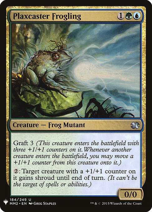 Graft 3 (This creature enters the battlefield with three +1/+1 counters on it. Whenever another creature enters the battlefield, you may move a +1/+1 counter from this creature onto it.)
{2}: Target creature with a +1/+1 counter on it gains shroud until end of turn. (It can't be the target of spells or abilities.)