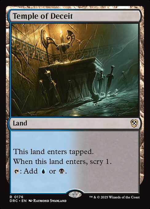 This land enters tapped.
When this land enters, scry 1. (Look at the top card of your library. You may put that card on the bottom.)
{T}: Add {U} or {B}.