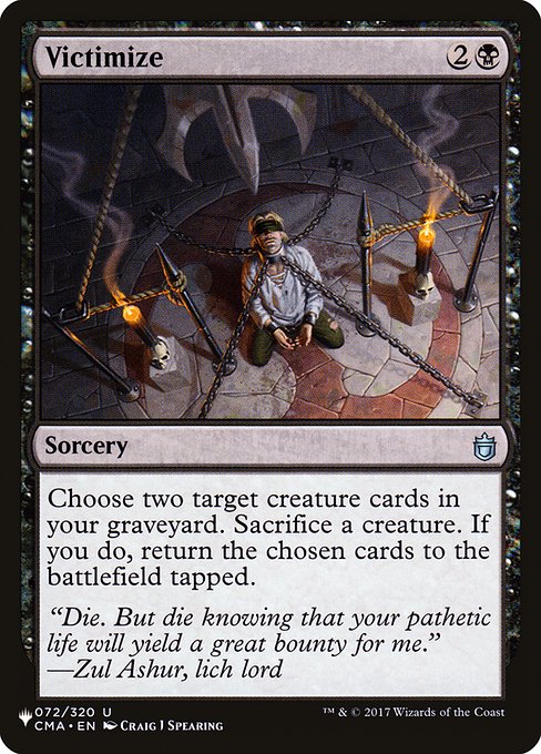 Choose two target creature cards in your graveyard. Sacrifice a creature. If you do, return the chosen cards to the battlefield tapped.