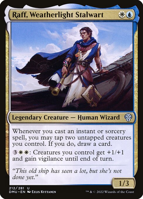Whenever you cast an instant or sorcery spell, you may tap two untapped creatures you control. If you do, draw a card.
{3}{W}{W}: Creatures you control get +1/+1 and gain vigilance until end of turn.