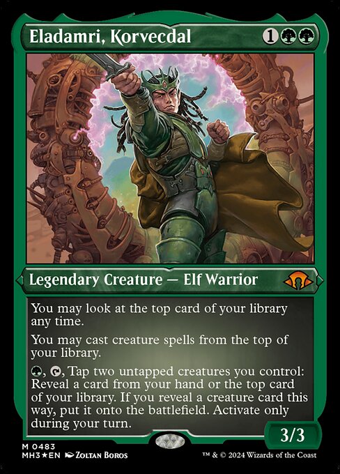You may look at the top card of your library any time.
You may cast creature spells from the top of your library.
{G}, {T}, Tap two untapped creatures you control: Reveal a card from your hand or the top card of your library. If you reveal a creature card this way, put it onto the battlefield. Activate only during your turn.