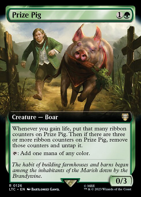 Whenever you gain life, put that many ribbon counters on Prize Pig. Then if there are three or more ribbon counters on Prize Pig, remove those counters and untap it.
{T}: Add one mana of any color.