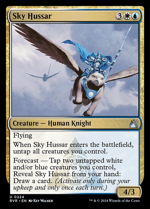 Flying
When Sky Hussar enters the battlefield, untap all creatures you control.
Forecast — Tap two untapped white and/or blue creatures you control, Reveal Sky Hussar from your hand: Draw a card. (Activate only during your upkeep and only once each turn.)