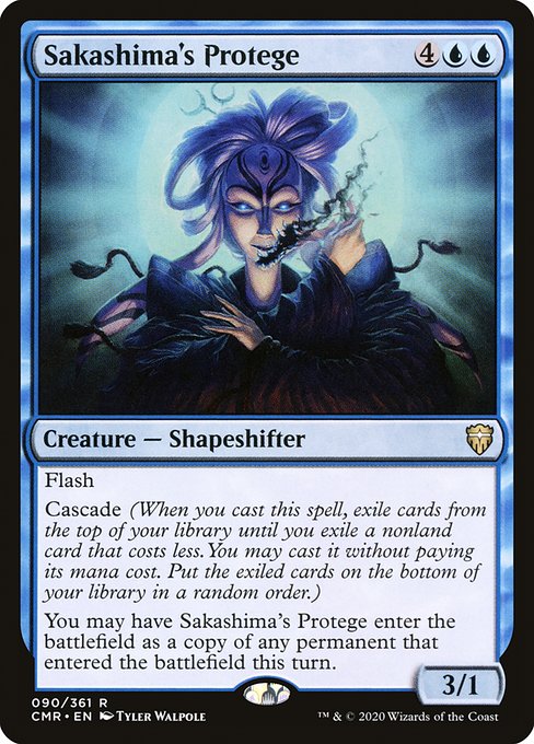 Flash
Cascade (When you cast this spell, exile cards from the top of your library until you exile a nonland card that costs less. You may cast it without paying its mana cost. Put the exiled cards on the bottom of your library in a random order.)
You may have Sakashima's Protege enter the battlefield as a copy of any permanent that entered the battlefield this turn.