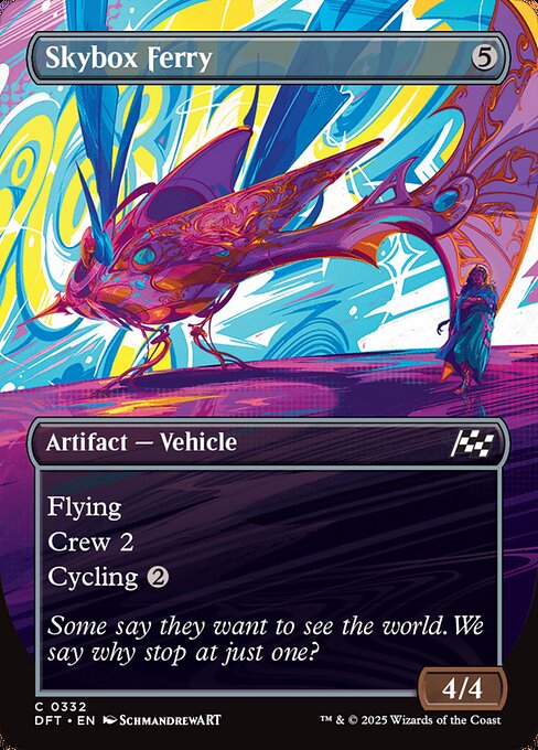 Flying
Crew 2 (Tap any number of creatures you control with total power 2 or more: This Vehicle becomes an artifact creature until end of turn.)
Cycling {2} ({2}, Discard this card: Draw a card.)
