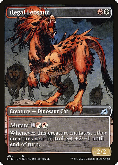 Mutate {1}{R/W}{R/W} (If you cast this spell for its mutate cost, put it over or under target non-Human creature you own. They mutate into the creature on top plus all abilities from under it.)
Whenever this creature mutates, other creatures you control get +2/+1 until end of turn.