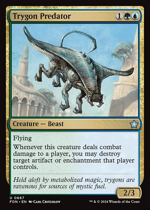 Flying
Whenever this creature deals combat damage to a player, you may destroy target artifact or enchantment that player controls.
