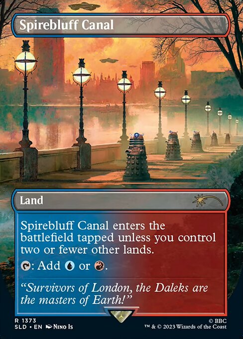 Spirebluff Canal enters the battlefield tapped unless you control two or fewer other lands.
{T}: Add {U} or {R}.
