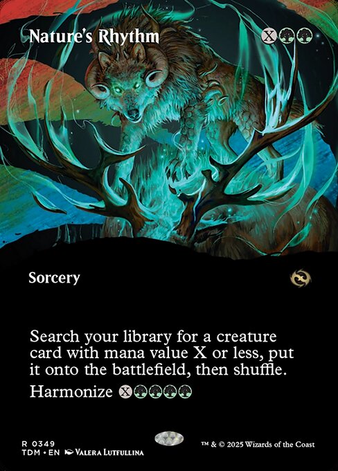 Search your library for a creature card with mana value X or less, put it onto the battlefield, then shuffle.
Harmonize {X}{G}{G}{G}{G} (You may cast this card from your graveyard for its harmonize cost. You may tap a creature you control to reduce that cost by an amount of generic mana equal to its power. Then exile this spell.)