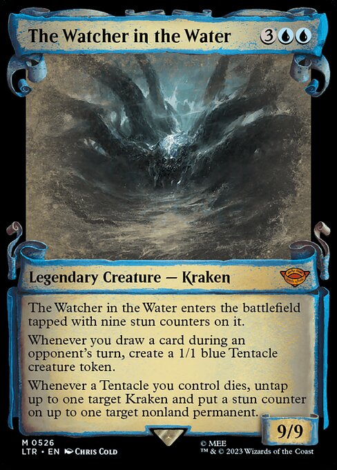 The Watcher in the Water enters the battlefield tapped with nine stun counters on it. (If a permanent with a stun counter would become untapped, remove one from it instead.)
Whenever you draw a card during an opponent's turn, create a 1/1 blue Tentacle creature token.
Whenever a Tentacle you control dies, untap up to one target Kraken and put a stun counter on up to one target nonland permanent.