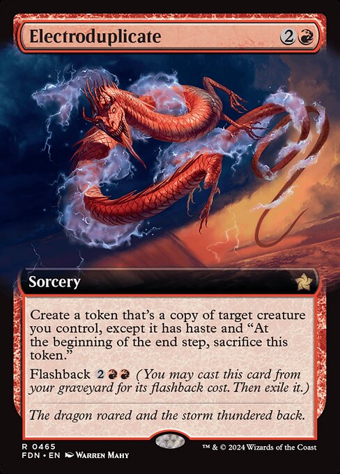 Create a token that's a copy of target creature you control, except it has haste and "At the beginning of the end step, sacrifice this token."
Flashback {2}{R}{R} (You may cast this card from your graveyard for its flashback cost. Then exile it.)