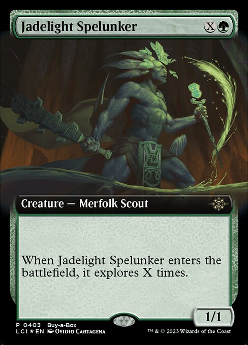 When Jadelight Spelunker enters the battlefield, it explores X times. (To have it explore, reveal the top card of your library. Put that card into your hand if it's a land. Otherwise, put a +1/+1 counter on that creature, then put the card back or put it into your graveyard.)