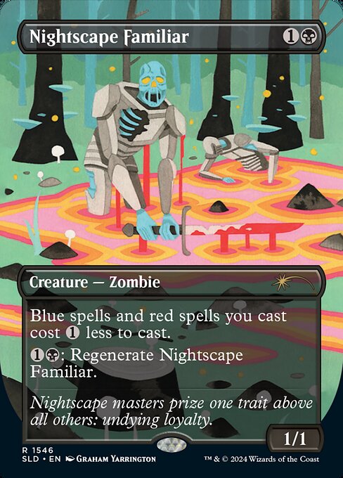 Blue spells and red spells you cast cost {1} less to cast.
{1}{B}: Regenerate this creature.
