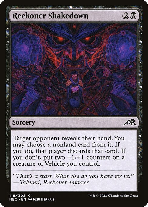 Target opponent reveals their hand. You may choose a nonland card from it. If you do, that player discards that card. If you don't, put two +1/+1 counters on a creature or Vehicle you control.