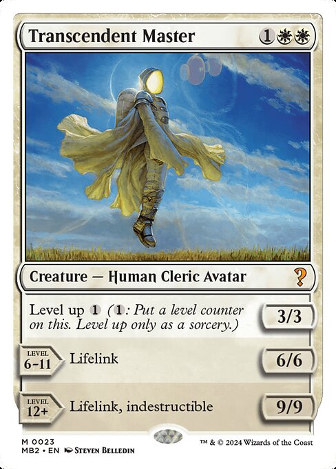 Level up {1} ({1}: Put a level counter on this. Level up only as a sorcery.)
LEVEL 6-11
6/6
Lifelink
LEVEL 12+
9/9
Lifelink, indestructible