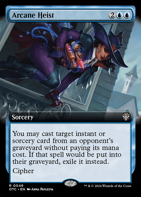 You may cast target instant or sorcery card from an opponent's graveyard without paying its mana cost. If that spell would be put into their graveyard, exile it instead.
Cipher (Then you may exile this spell card encoded on a creature you control. Whenever that creature deals combat damage to a player, its controller may cast a copy of the encoded card without paying its mana cost.)