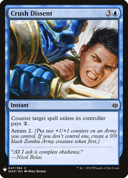 Counter target spell unless its controller pays {2}.
Amass Zombies 2. (Put two +1/+1 counters on an Army you control. It's also a Zombie. If you don't control an Army, create a 0/0 black Zombie Army creature token first.)