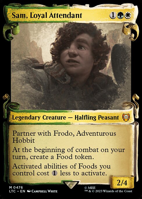 Partner with Frodo, Adventurous Hobbit (When this creature enters the battlefield, target player may put Frodo into their hand from their library, then shuffle.)
At the beginning of combat on your turn, create a Food token. (It's an artifact with "{2}, {T}, Sacrifice this artifact: You gain 3 life.")
Activated abilities of Foods you control cost {1} less to activate.