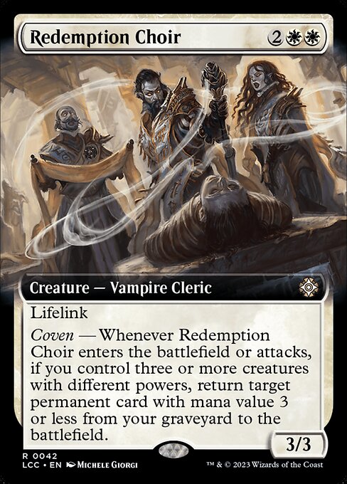 Lifelink
Coven — Whenever this creature enters or attacks, if you control three or more creatures with different powers, return target permanent card with mana value 3 or less from your graveyard to the battlefield.