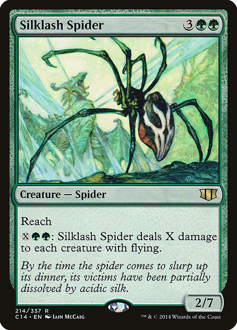 Reach
{X}{G}{G}: Silklash Spider deals X damage to each creature with flying.