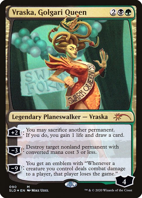 +2: You may sacrifice another permanent. If you do, you gain 1 life and draw a card.
−3: Destroy target nonland permanent with mana value 3 or less.
−9: You get an emblem with "Whenever a creature you control deals combat damage to a player, that player loses the game."
