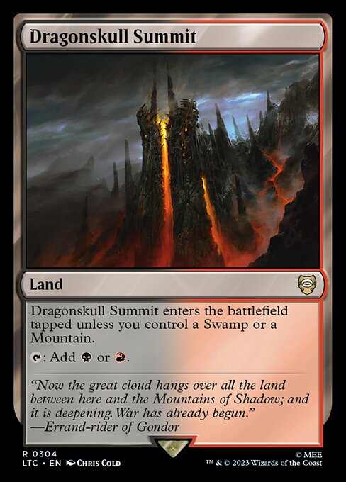 Dragonskull Summit enters the battlefield tapped unless you control a Swamp or a Mountain.
{T}: Add {B} or {R}.