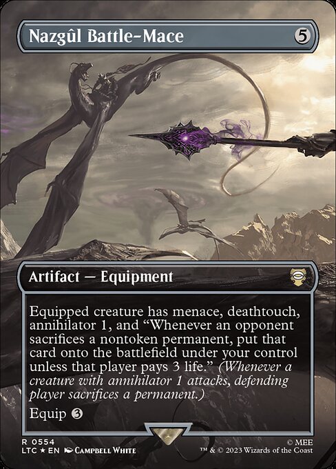 Equipped creature has menace, deathtouch, annihilator 1, and "Whenever an opponent sacrifices a nontoken permanent, put that card onto the battlefield under your control unless that player pays 3 life." (Whenever a creature with annihilator 1 attacks, defending player sacrifices a permanent.)
Equip {3}