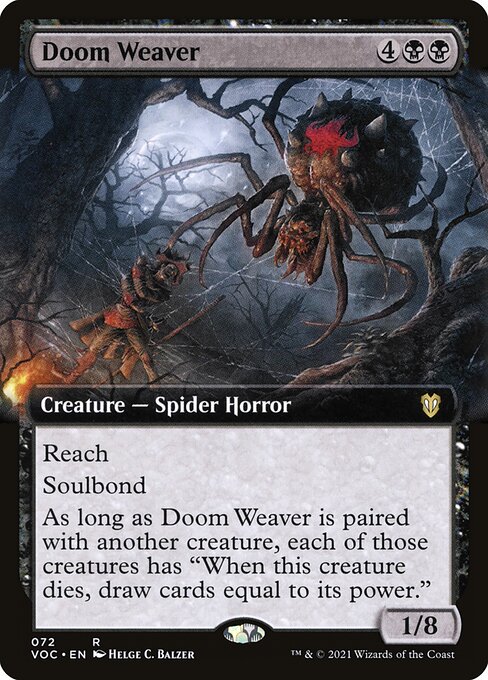 Reach
Soulbond (You may pair this creature with another unpaired creature when either enters the battlefield. They remain paired for as long as you control both of them.)
As long as Doom Weaver is paired with another creature, each of those creatures has "When this creature dies, draw cards equal to its power."